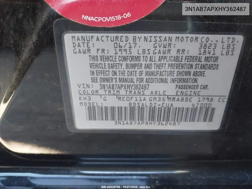 3N1AB7APXHY362487 2017 Nissan Sentra Sv