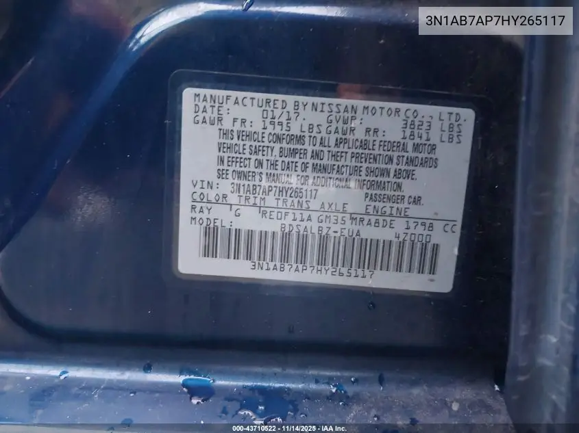 3N1AB7AP7HY265117 2017 Nissan Sentra S