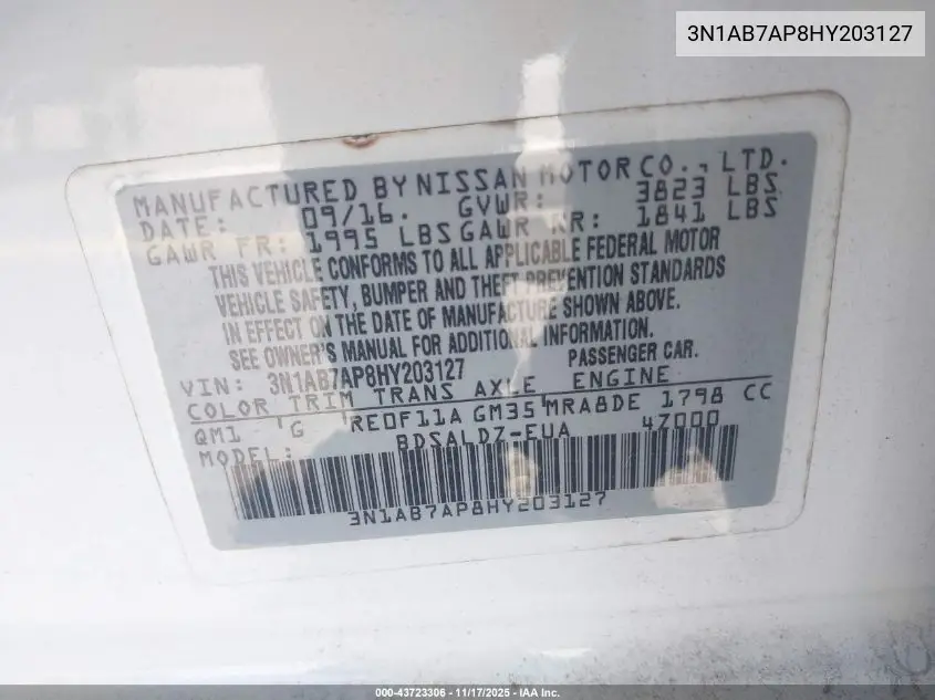 3N1AB7AP8HY203127 2017 Nissan Sentra Sv