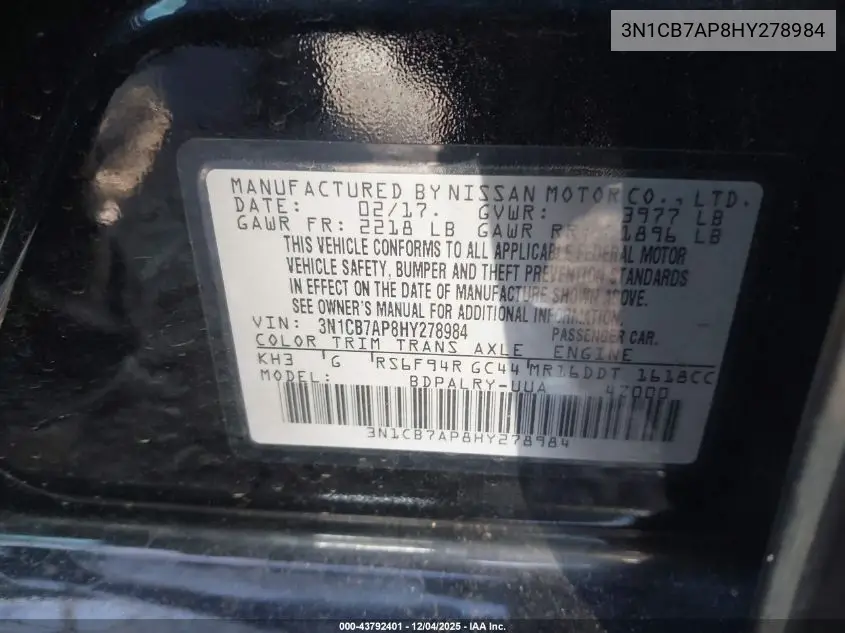 3N1CB7AP8HY278984 2017 Nissan Sentra Sr Turbo