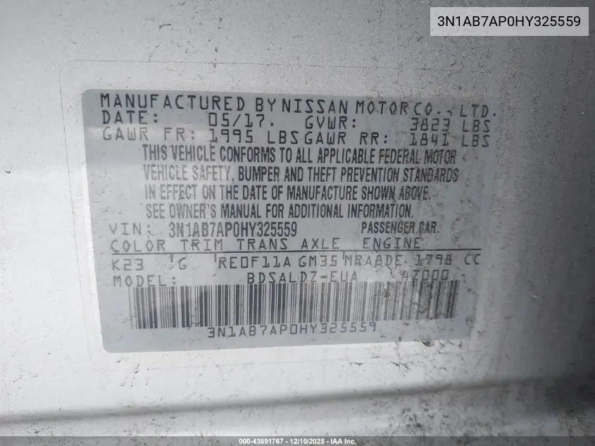3N1AB7AP0HY325559 2017 Nissan Sentra Sv