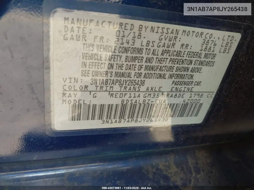3N1AB7AP8JY265438 2018 Nissan Sentra S