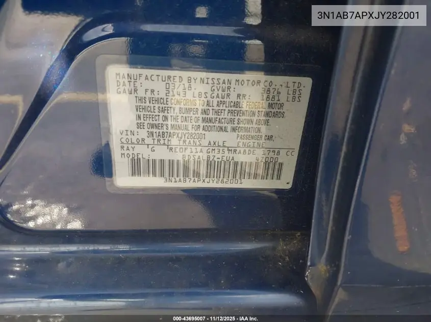 3N1AB7APXJY282001 2018 Nissan Sentra S