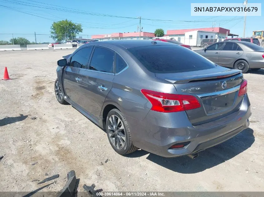 2019 Nissan Sentra Sr VIN: 3N1AB7APXKY316679 Lot: 39614064