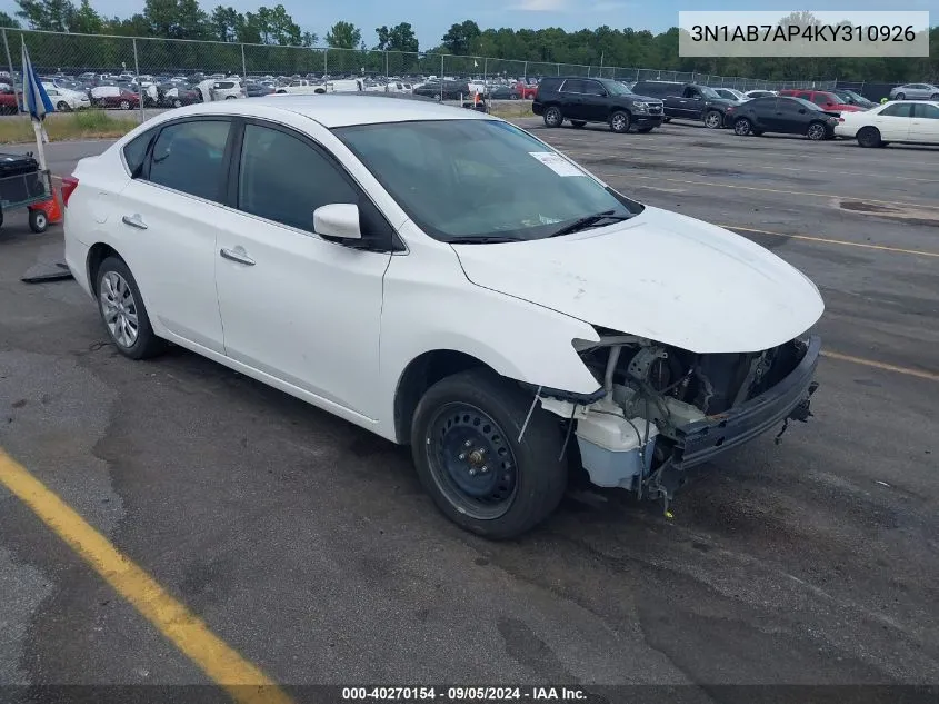 2019 Nissan Sentra S VIN: 3N1AB7AP4KY310926 Lot: 40270154