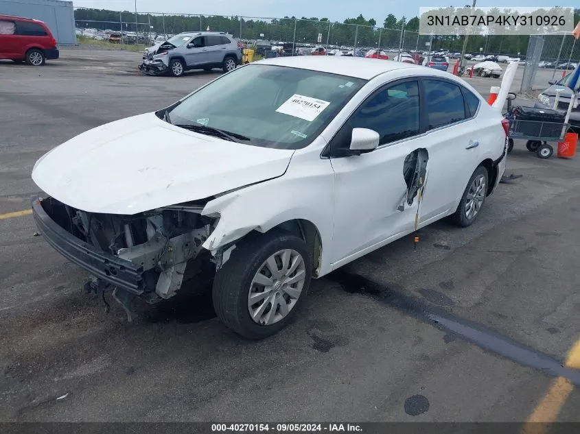 2019 Nissan Sentra S VIN: 3N1AB7AP4KY310926 Lot: 40270154