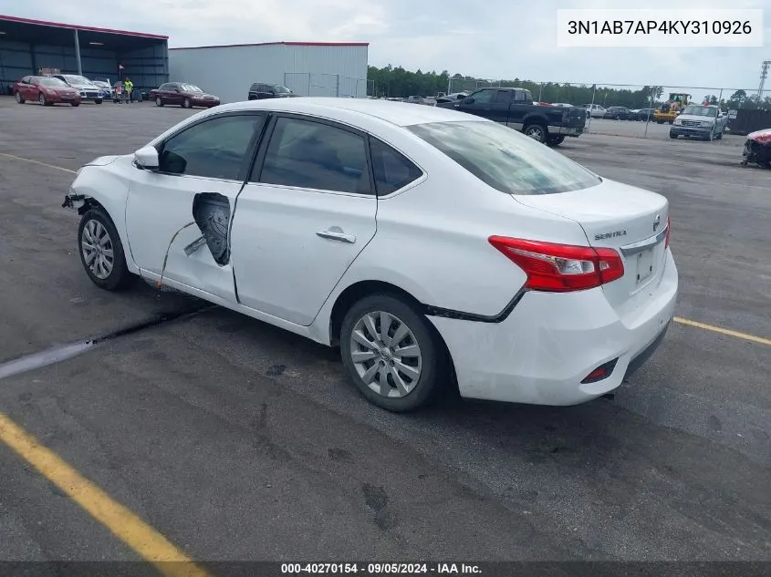 2019 Nissan Sentra S VIN: 3N1AB7AP4KY310926 Lot: 40270154