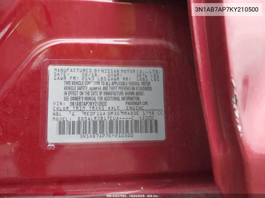 3N1AB7AP7KY210500 2019 Nissan Sentra Sr