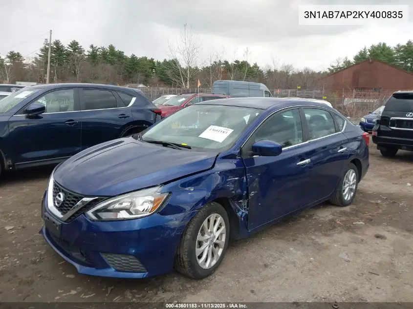 3N1AB7AP2KY400835 2019 Nissan Sentra Sv