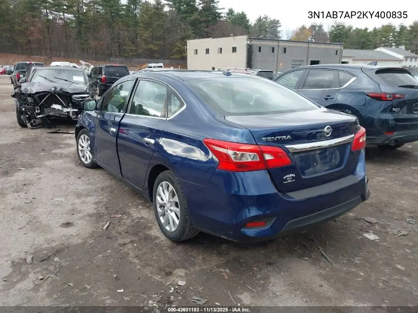 3N1AB7AP2KY400835 2019 Nissan Sentra Sv