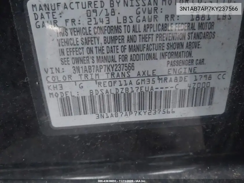 3N1AB7AP7KY237566 2019 Nissan Sentra Sv