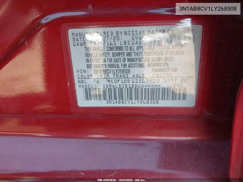 3N1AB8CV1LY268508 2020 Nissan Sentra Sv Xtronic Cvt