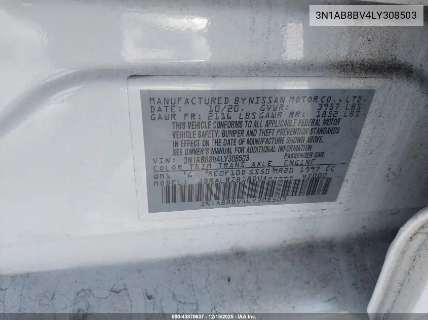 3N1AB8BV4LY308503 2020 Nissan Sentra S Xtronic Cvt