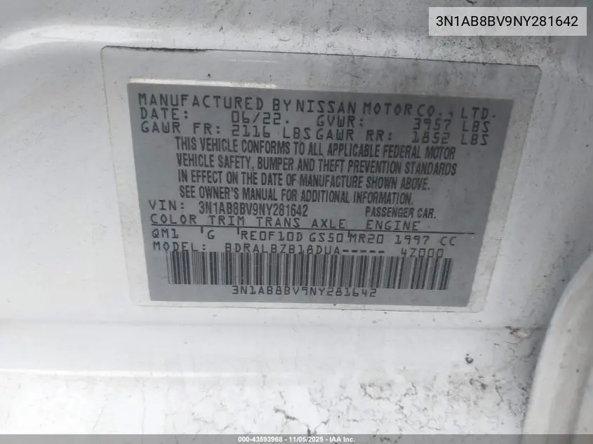 3N1AB8BV9NY281642 2022 Nissan Sentra S Xtronic Cvt