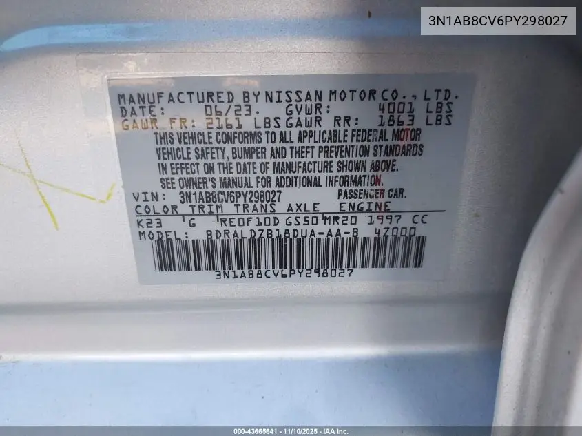 3N1AB8CV6PY298027 2023 Nissan Sentra Sv Xtronic Cvt