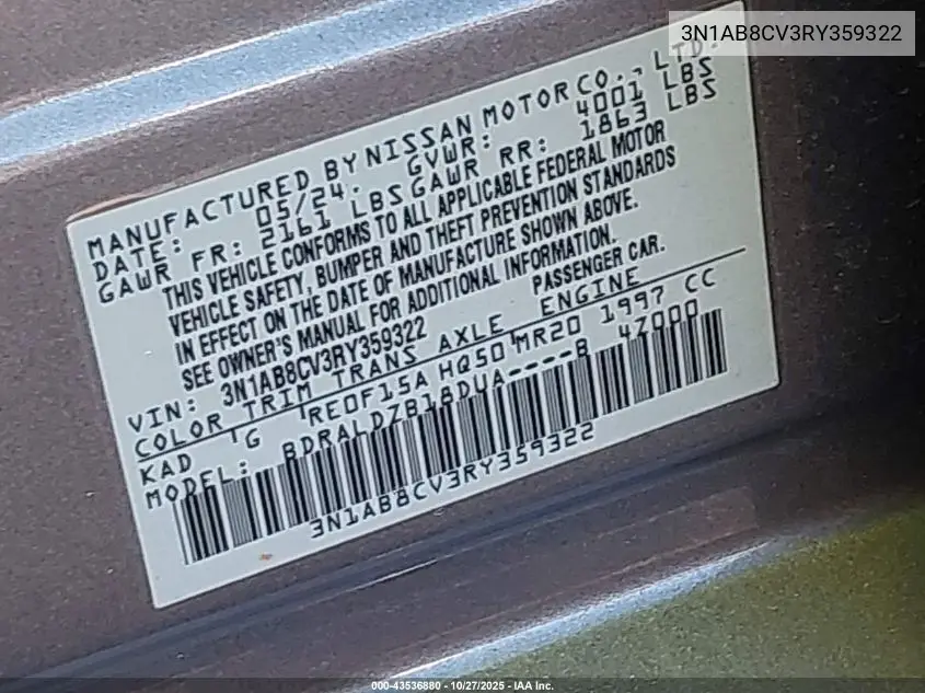 3N1AB8CV3RY359322 2024 Nissan Sentra Sv Xtronic Cvt