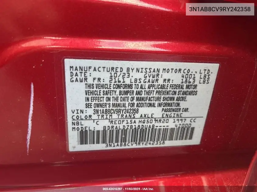 3N1AB8CV9RY242358 2024 Nissan Sentra Sv Xtronic Cvt