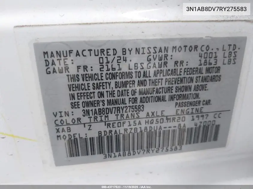 3N1AB8DV7RY275583 2024 Nissan Sentra Sr Xtronic Cvt
