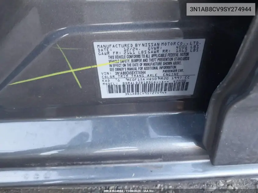 3N1AB8CV9SY274944 2025 Nissan Sentra Sv