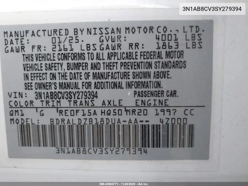 3N1AB8CV3SY279394 2025 Nissan Sentra Sv