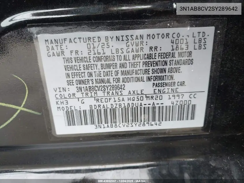 3N1AB8CV2SY289642 2025 Nissan Sentra Sv