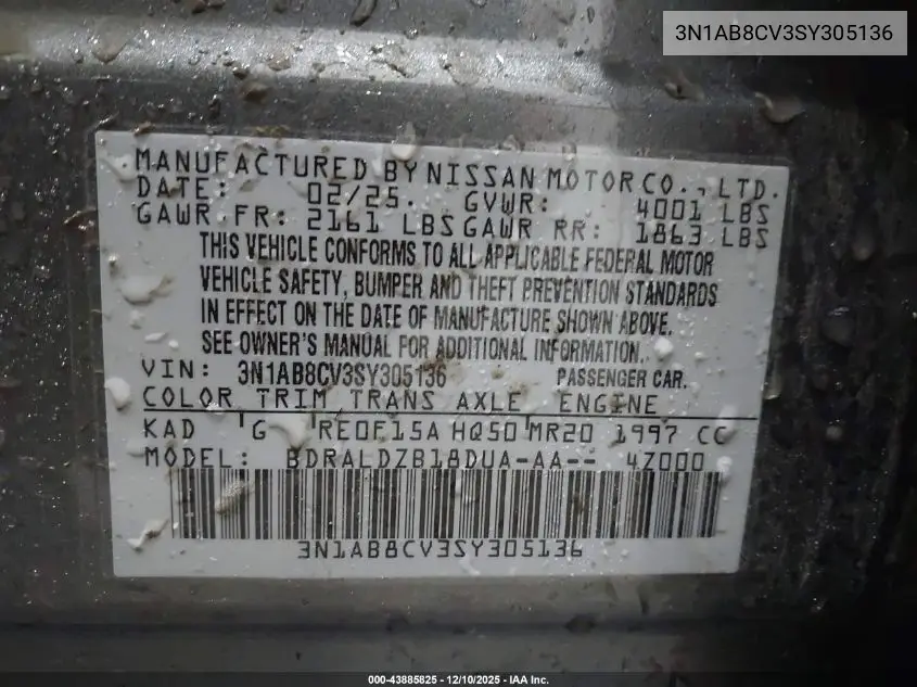 3N1AB8CV3SY305136 2025 Nissan Sentra Sv