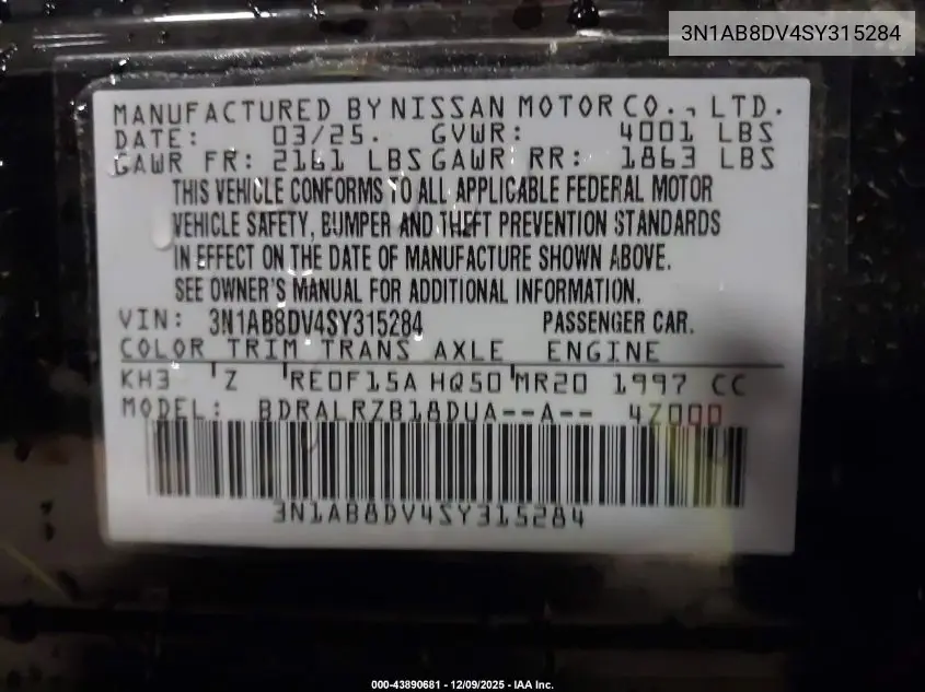 3N1AB8DV4SY315284 2025 Nissan Sentra Sr