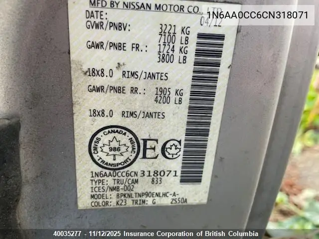 1N6AA0CC6CN318071 2012 Nissan Titan