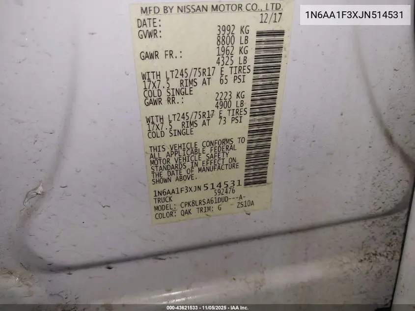 1N6AA1F3XJN514531 2018 Nissan Titan Xd S Gas