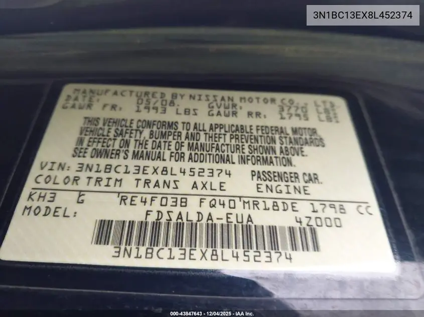 3N1BC13EX8L452374 2008 Nissan Versa 1.8S