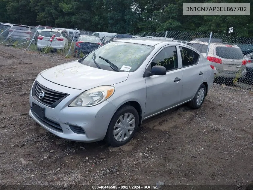 2014 Nissan Versa 1.6 S VIN: 3N1CN7AP3EL867702 Lot: 40446505