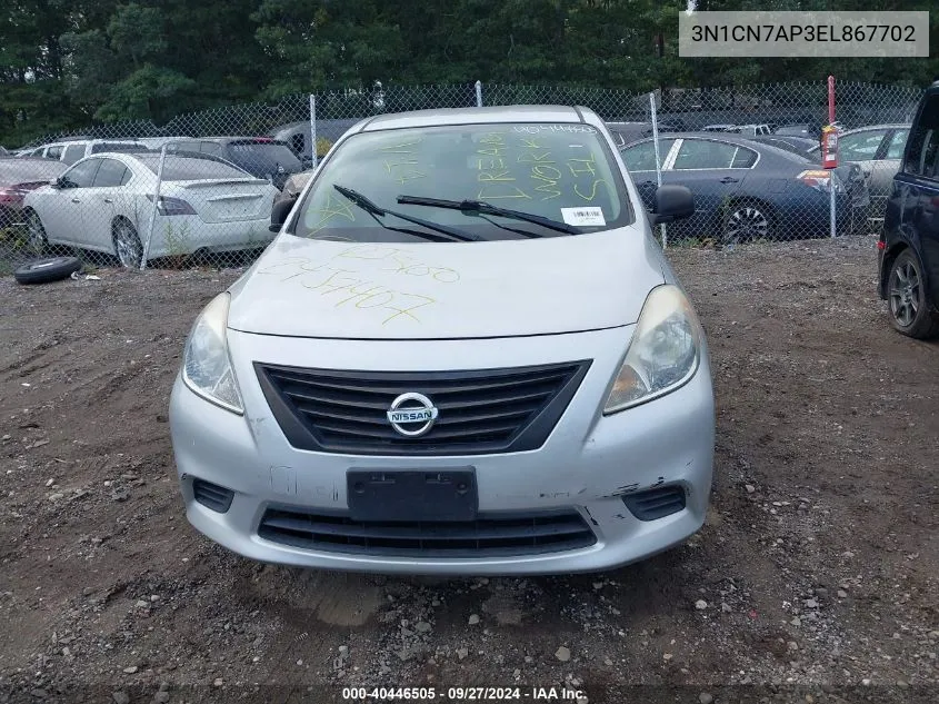 2014 Nissan Versa 1.6 S VIN: 3N1CN7AP3EL867702 Lot: 40446505