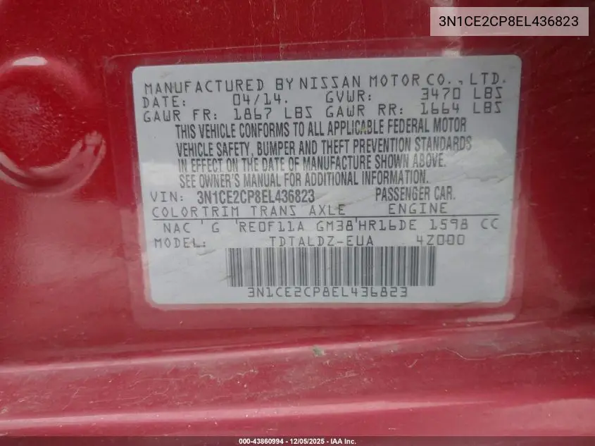 3N1CE2CP8EL436823 2014 Nissan Versa Note Sv
