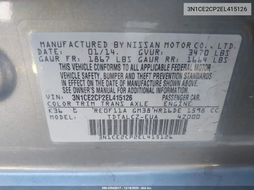 3N1CE2CP2EL415126 2014 Nissan Versa Note S Plus