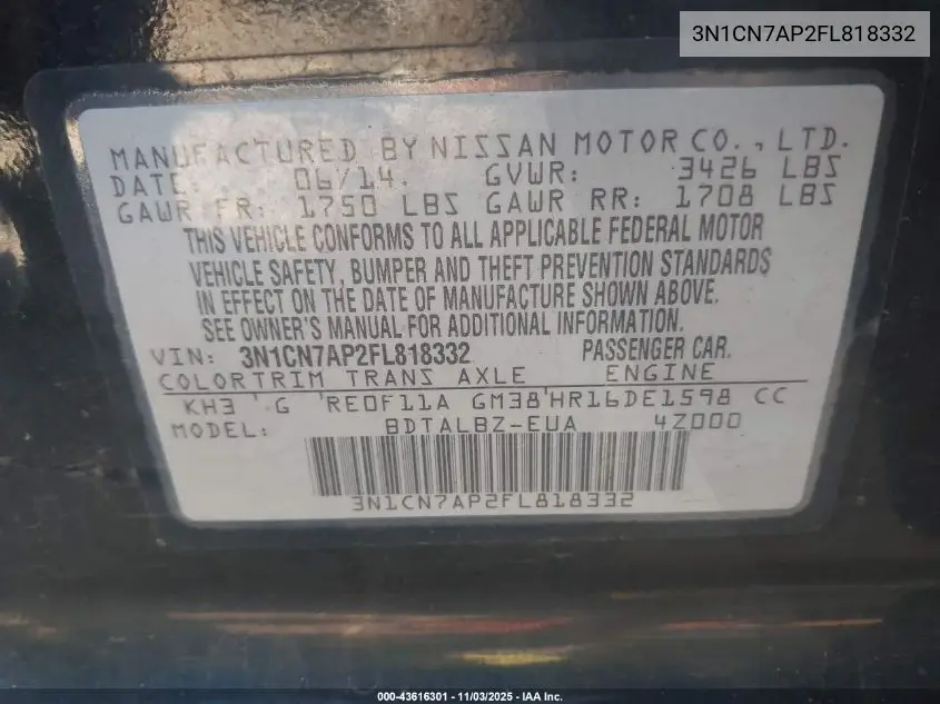 3N1CN7AP2FL818332 2015 Nissan Versa 1.6 Sv