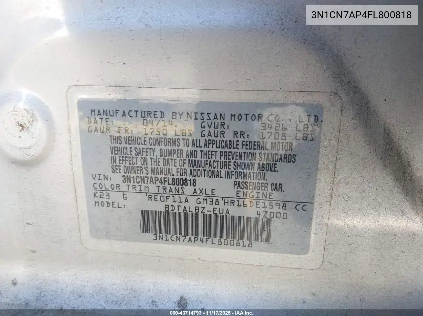 3N1CN7AP4FL800818 2015 Nissan Versa 1.6 Sv