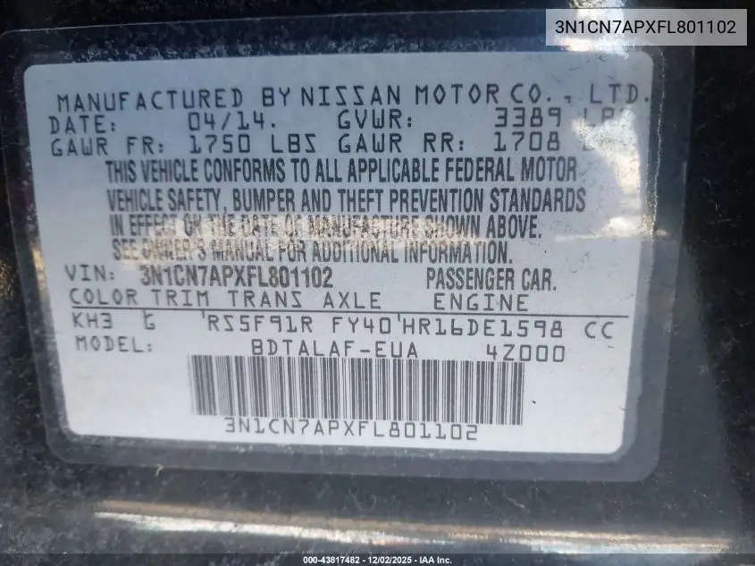3N1CN7APXFL801102 2015 Nissan Versa 1.6 S