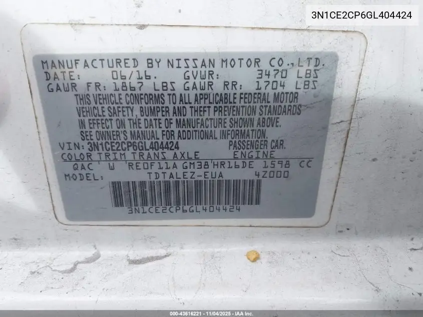 3N1CE2CP6GL404424 2016 Nissan Versa Note Sl