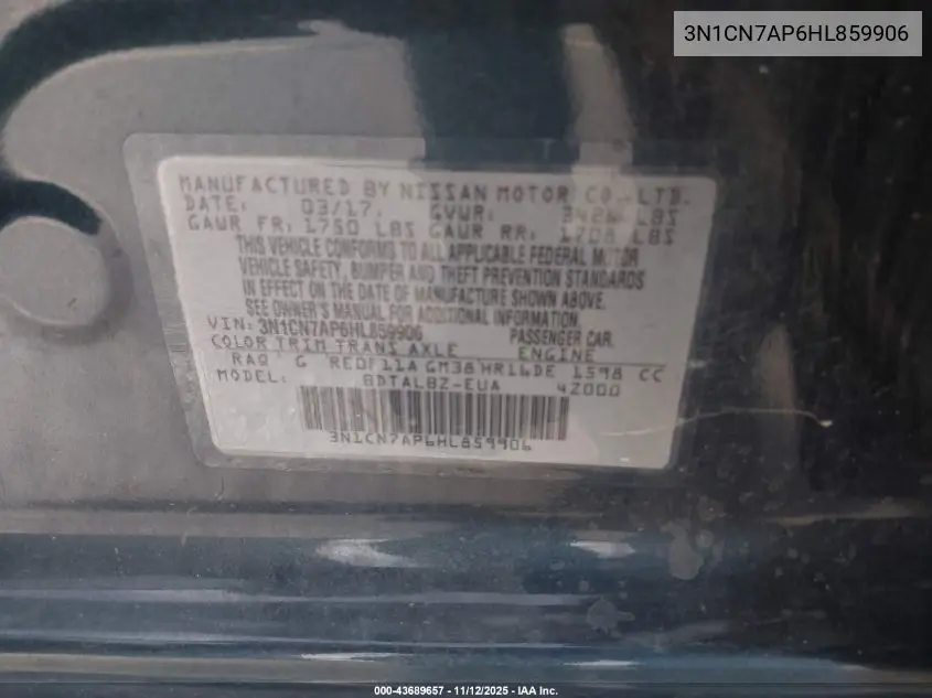 3N1CN7AP6HL859906 2017 Nissan Versa 1.6 Sv