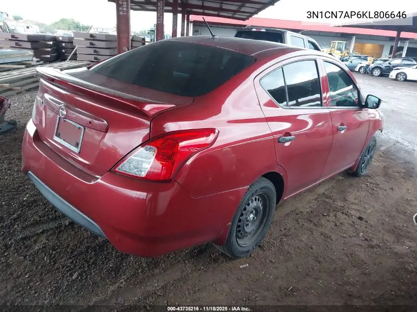 3N1CN7AP6KL806646 2019 Nissan Versa 1.6 S+
