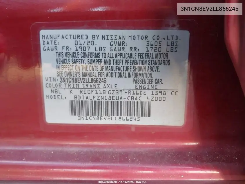 3N1CN8EV2LL866245 2020 Nissan Versa Sv Xtronic Cvt