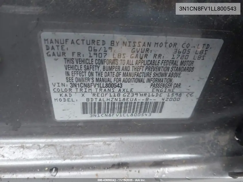 3N1CN8FV1LL800543 2020 Nissan Versa Sr Xtronic Cvt