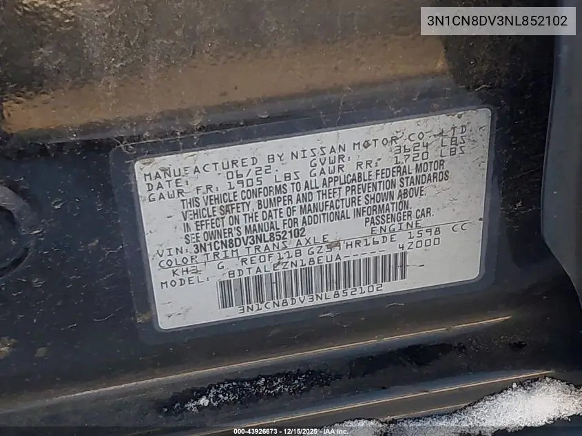 3N1CN8DV3NL852102 2022 Nissan Versa S