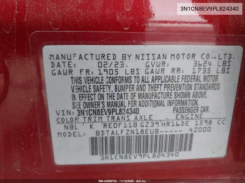 3N1CN8EV9PL824340 2023 Nissan Versa 1.6 Sv Xtronic Cvt