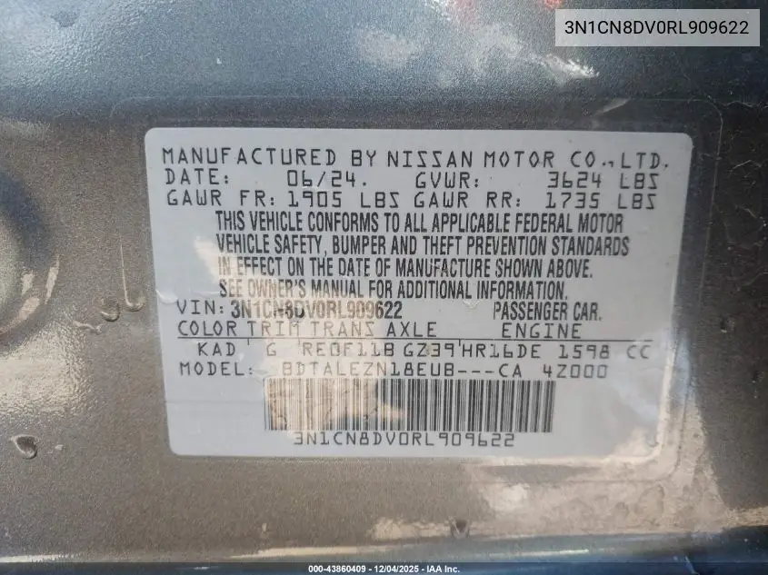 3N1CN8DV0RL909622 2024 Nissan Versa 1.6 S