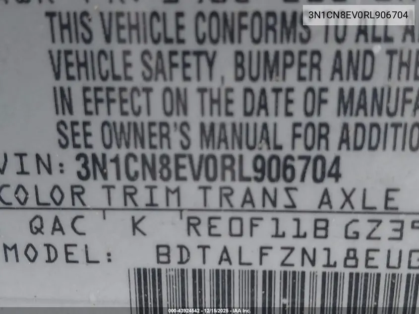 3N1CN8EV0RL906704 2024 Nissan Versa 1.6 Sv