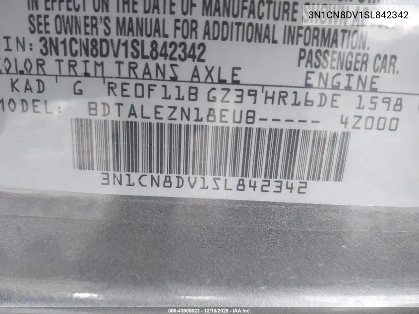 3N1CN8DV1SL842342 2025 Nissan Versa 1.6 S