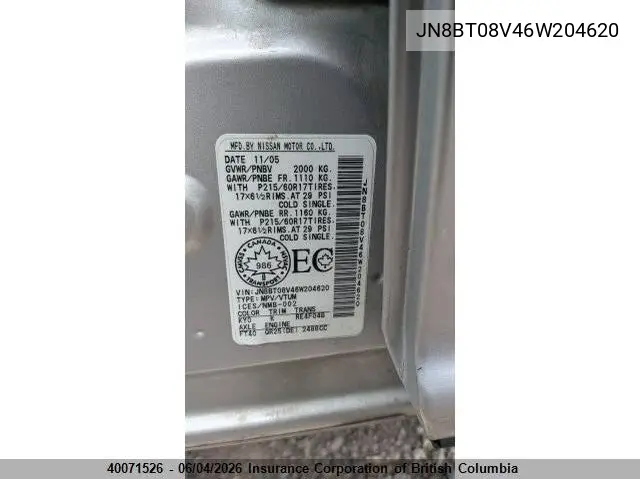2006 Nissan X-Trail Xe/Se VIN: JN8BT08V46W204620 Lot: 40071526