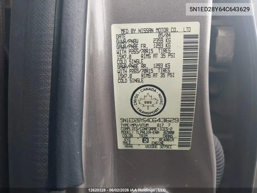 2004 Nissan Xterra Se VIN: 5N1ED28Y64C643629 Lot: 12620328x
