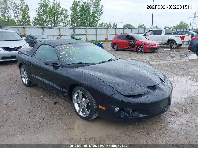 1999 Pontiac Firebird VIN: 2G2FS32K3X2231511 Lot: 12012300